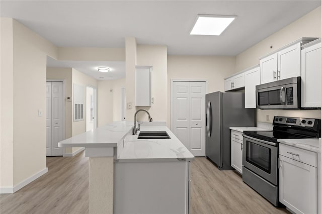 5447 Vineland Rd Unit 1308, Orlando, FL 32811 - kitchen with appliances with stainless steel finishes, light wood-type flooring, a sink, a peninsula, and white cabinets