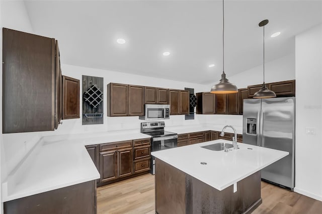 1050 20th St, Orlando, FL 32805 - kitchen with appliances with stainless steel finishes, a sink, light wood-style flooring, dark brown cabinets, and lofted ceiling
