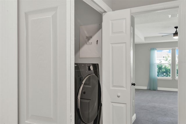 15975 Marina Bay Dr, Winter Garden, FL 34787 - laundry area featuring washer / dryer, baseboards, carpet flooring, and a ceiling fan