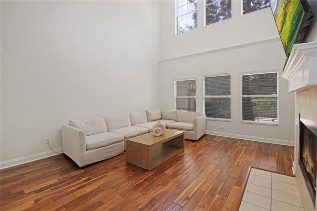 6941 Piazza St, Orlando, FL 32819 - living room with wood finished floors, a lit fireplace, baseboards, and a high ceiling