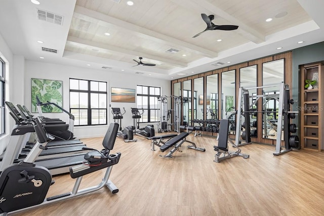 1664 Crowncrest Dr, Apopka, FL 32703 - gym featuring ceiling fan, wood finished floors, baseboards, recessed lighting, and wooden ceiling with exposed beams
