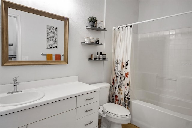 full bathroom with toilet, vanity, and shower / bath combination with curtain