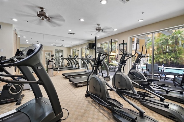 workout area with a ceiling fan, recessed lighting, and carpet