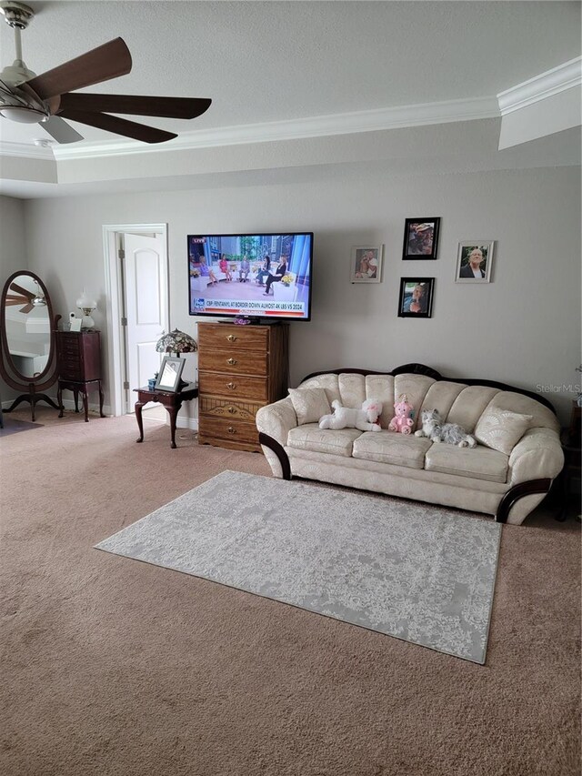 6800 SE 12th Pl, Ocala, FL 34472 - carpeted living area with ornamental molding and ceiling fan