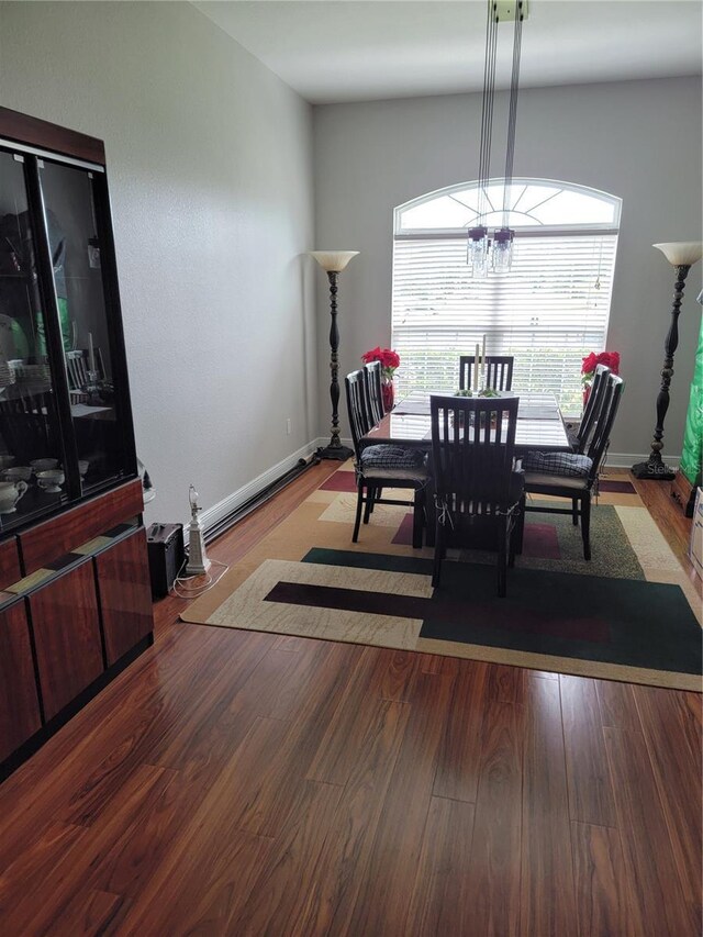 6800 SE 12th Pl, Ocala, FL 34472 - dining space featuring wood finished floors, a chandelier, baseboards, and baseboard heating