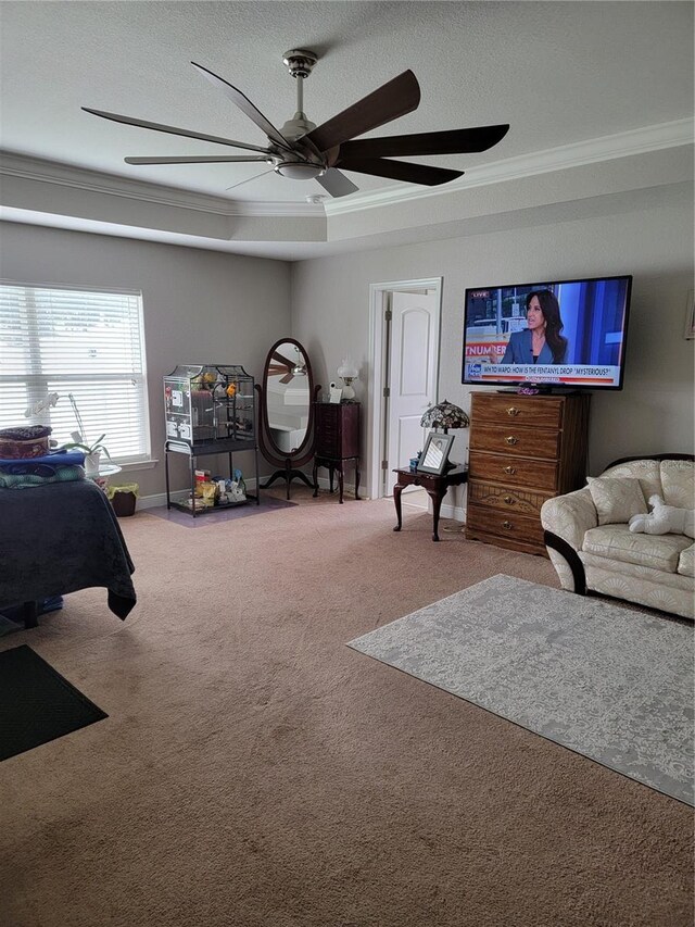 6800 SE 12th Pl, Ocala, FL 34472 - carpeted bedroom featuring ornamental molding, ceiling fan, and a textured ceiling