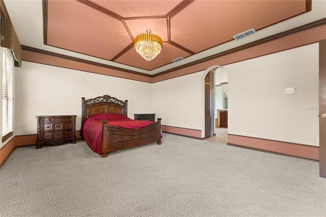 3041 Boating Blvd, Kissimmee, FL 34746 - bedroom with arched walkways, carpet floors, a chandelier, baseboards, and crown molding