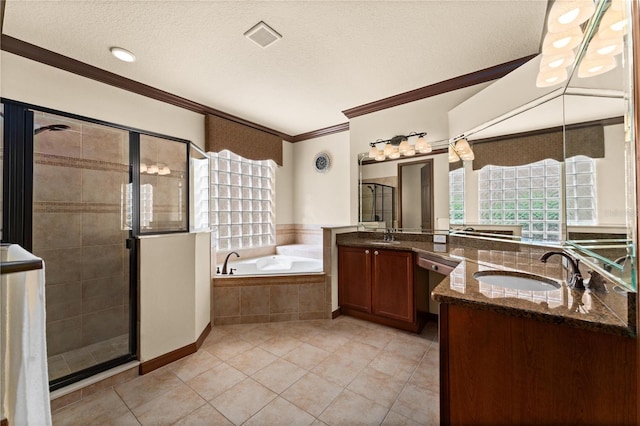 3041 Boating Blvd, Kissimmee, FL 34746 - full bathroom featuring crown molding, a stall shower, a garden tub, tile patterned floors, and two vanities