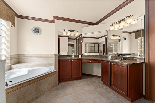3041 Boating Blvd, Kissimmee, FL 34746 - bathroom with a bath, a shower stall, crown molding, tile patterned flooring, and two vanities