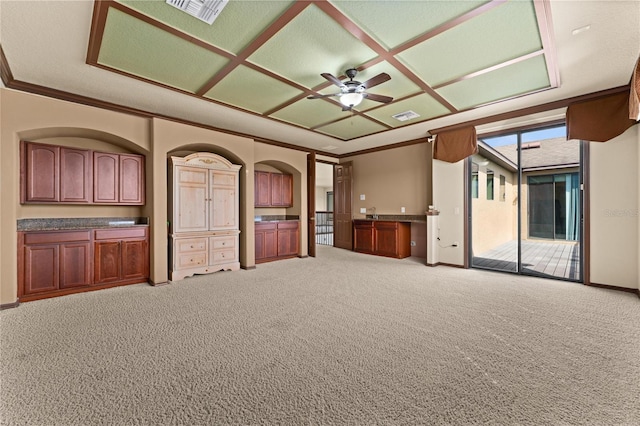 3041 Boating Blvd, Kissimmee, FL 34746 - unfurnished living room featuring ceiling fan, light colored carpet, crown molding, and baseboards