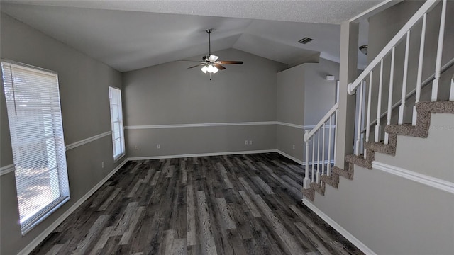 609 Whittingham Pl, Lake Mary, FL 32746 - unfurnished living room with a ceiling fan, wood finished floors, stairway, lofted ceiling, and baseboards