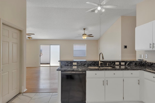 2714 Moncayo Ave, The Villages, FL 32162 - kitchen featuring dishwasher, a sink, ceiling fan, a textured ceiling, and dark stone counters