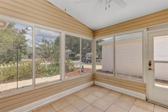 2714 Moncayo Ave, The Villages, FL 32162 - unfurnished sunroom featuring ceiling fan and lofted ceiling