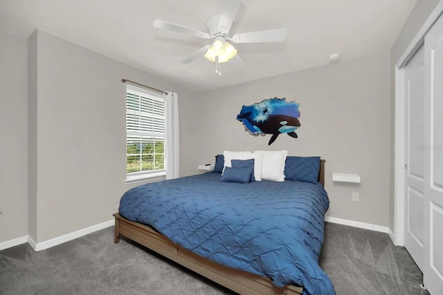 bedroom featuring carpet flooring, baseboards, and ceiling fan