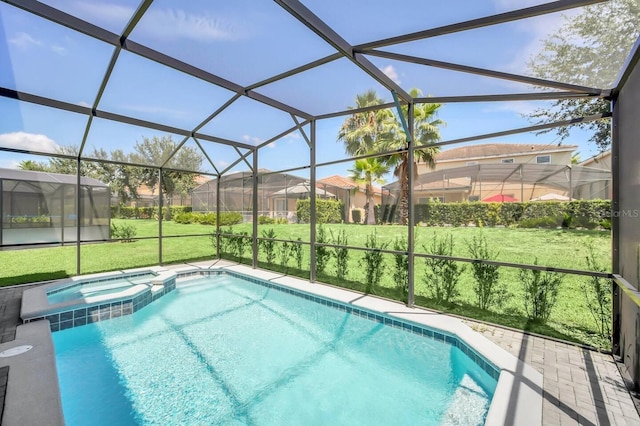 view of swimming pool with a yard, a pool with connected hot tub, a lanai, and a residential view