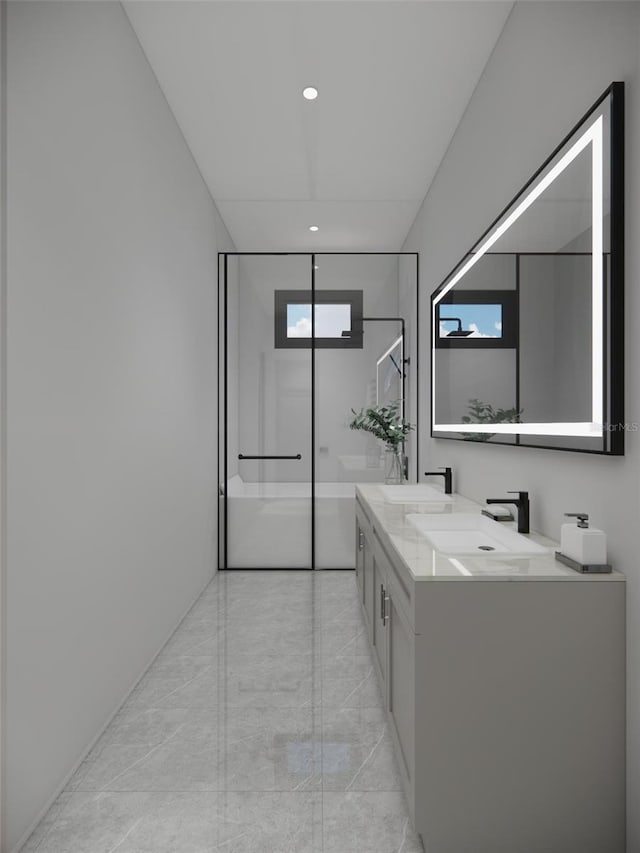 213 Breezeway Dr, Davenport, FL 33897 - full bathroom with an enclosed shower, double vanity, marble finish flooring, and recessed lighting