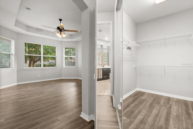 1601 Stargazer Ter, Sanford, FL 32771 - walk in closet featuring a ceiling fan, wood finished floors, arched walkways, a raised ceiling, and a sink