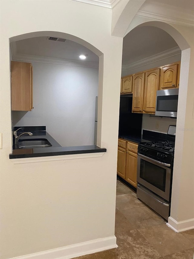 2007 Dixie Belle Dr Unit 2007M, Orlando, FL 32812 - kitchen featuring appliances with stainless steel finishes, a sink, crown molding, dark countertops, and baseboards