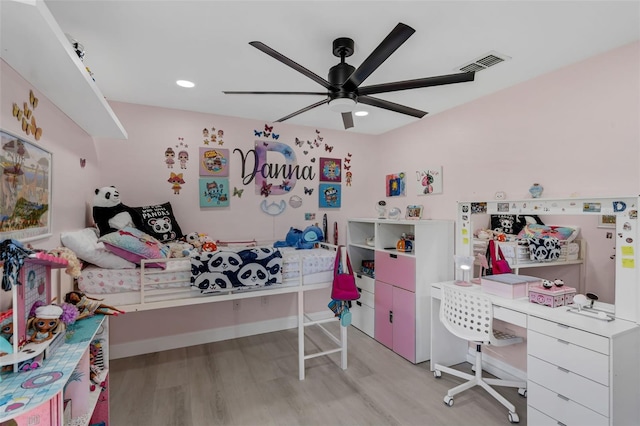 2520 Oakington St, Winter Garden, FL 34787 - bedroom featuring light wood-type flooring, an office area, recessed lighting, and a ceiling fan