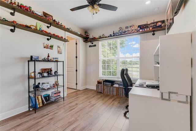20199 Sweetwood Ln, Clermont, FL 34715 - office area with light wood-style floors, a ceiling fan, baseboards, and recessed lighting
