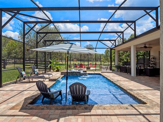 20199 Sweetwood Ln, Clermont, FL 34715 - view of pool with ceiling fan, a patio area, a lanai, and a pool with connected hot tub