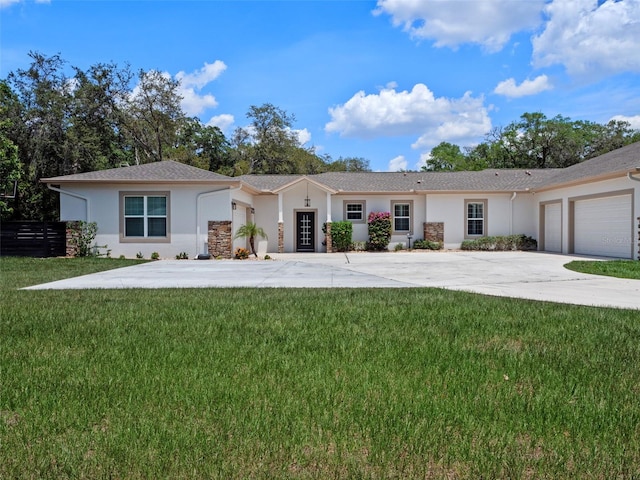 20199 Sweetwood Ln, Clermont, FL 34715 - ranch-style home with stucco siding, a garage, a front lawn, and driveway
