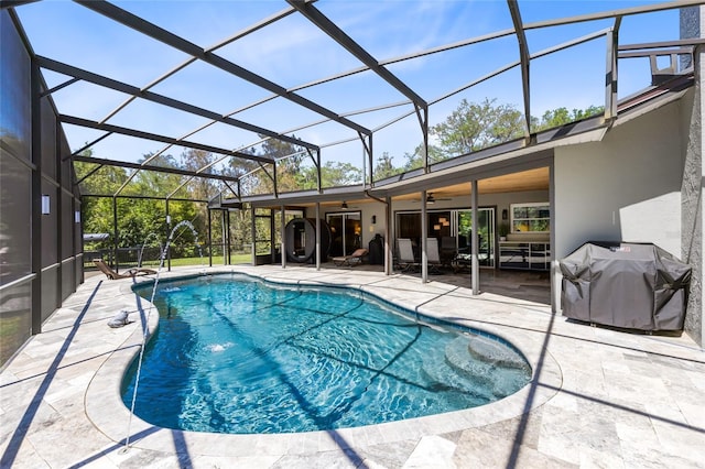 5370 Whispering Pine Cir, Saint Cloud, FL 34771 - outdoor pool featuring a ceiling fan, area for grilling, a patio area, an outdoor living space, and glass enclosure