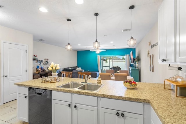 281 Primrose Dr, Davenport, FL 33837 - kitchen featuring a sink, dishwasher, ceiling fan, open floor plan, and white cabinetry