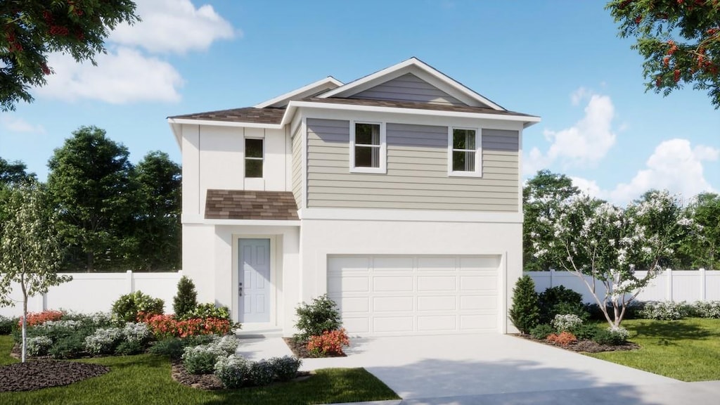 734 Ginger Dr, Haines City, FL 33844 - view of front of home featuring fence, a garage, driveway, stucco siding, and roof with shingles