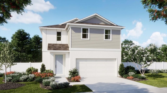 view of front of home featuring fence, a garage, driveway, stucco siding, and roof with shingles