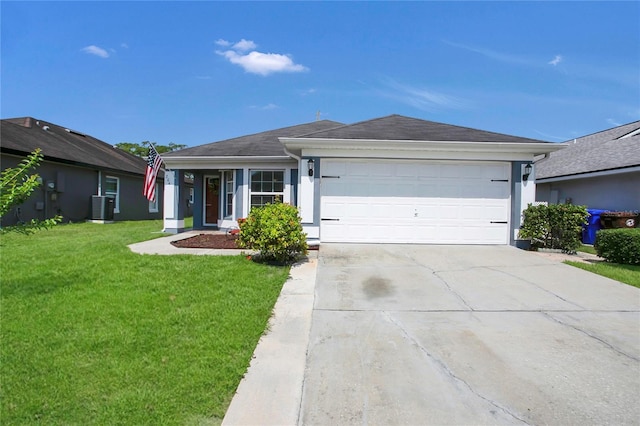 204 Bay Meadow Dr, Kissimmee, FL 34746 - ranch-style house with an attached garage, concrete driveway, a front yard, central air condition unit, and roof with shingles