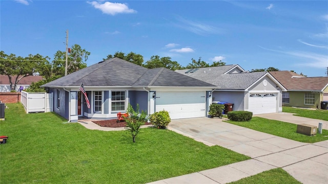 204 Bay Meadow Dr, Kissimmee, FL 34746 - ranch-style house featuring an attached garage, a front yard, driveway, stucco siding, and cooling unit