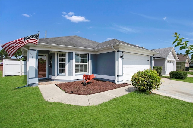 204 Bay Meadow Dr, Kissimmee, FL 34746 - ranch-style home with a front lawn, a garage, concrete driveway, a shingled roof, and stucco siding