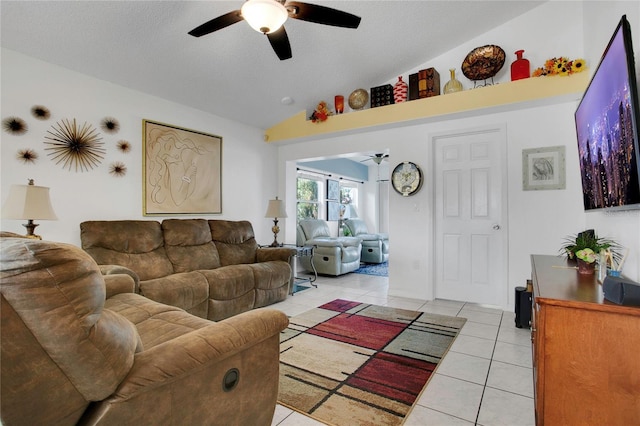 204 Bay Meadow Dr, Kissimmee, FL 34746 - living room with ceiling fan, light tile patterned flooring, and lofted ceiling
