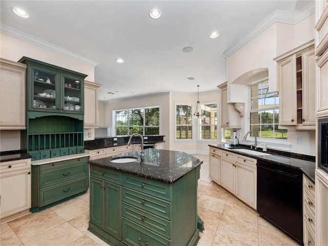 6161 Blakeford Dr, Windermere, FL 34786 - kitchen with black dishwasher, green cabinets, ornamental molding, light tile patterned floors, and recessed lighting