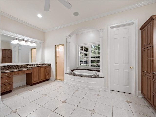 6161 Blakeford Dr, Windermere, FL 34786 - bathroom featuring a bath, vanity, a ceiling fan, ornamental molding, and tile patterned flooring