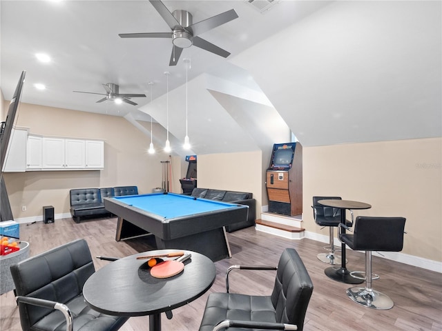 6161 Blakeford Dr, Windermere, FL 34786 - recreation room with ceiling fan, light wood-style floors, vaulted ceiling, billiards, and recessed lighting