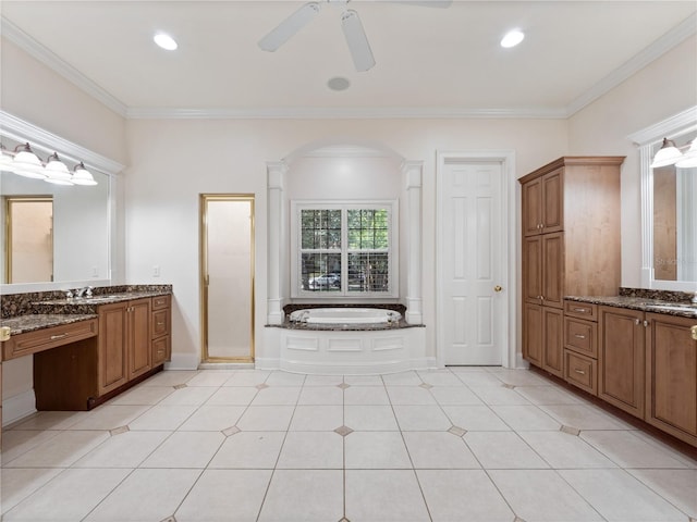 6161 Blakeford Dr, Windermere, FL 34786 - bathroom featuring ceiling fan, a bath, two vanities, ornamental molding, and tile patterned floors