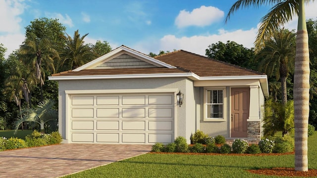 3975 Kennebunk Loop, Mount Dora, FL 32757 - ranch-style home featuring decorative driveway, stucco siding, a garage, and a front yard