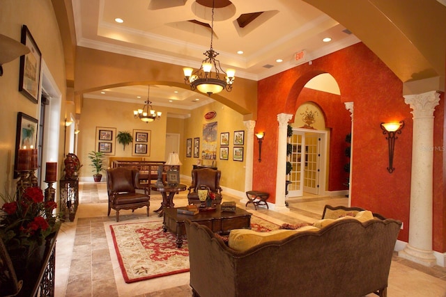 850 Lazio Cir, Debary, FL 32713 - living area with a tray ceiling, arched walkways, ornamental molding, recessed lighting, and a chandelier