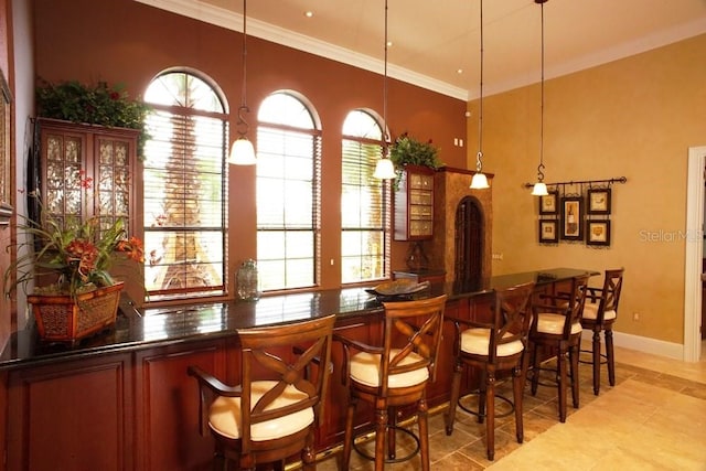 850 Lazio Cir, Debary, FL 32713 - indoor bar featuring healthy amount of natural light, ornamental molding, light tile patterned floors, hanging light fixtures, and baseboards