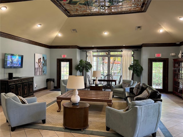 building lobby with ornamental molding and high vaulted ceiling