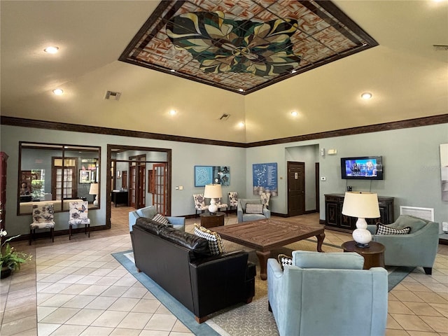 common area featuring ornamental molding, recessed lighting, and vaulted ceiling