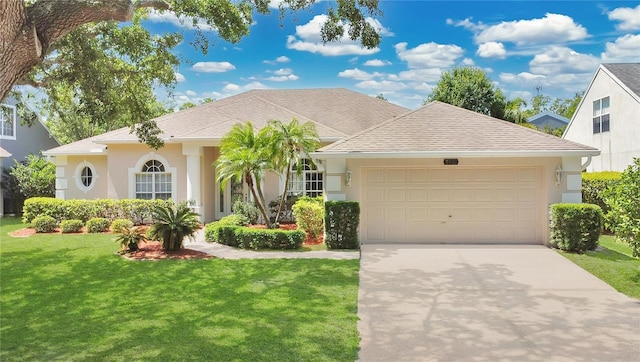 7900 Saint Giles Pl, Orlando, FL 32835 - view of front of home featuring a garage, stucco siding, a front lawn, concrete driveway, and roof with shingles