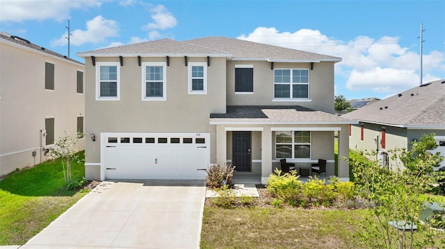 616 Griffon Ave, Lake Alfred, FL 33850 - view of front of property featuring stucco siding, concrete driveway, a porch, roof with shingles, and a garage