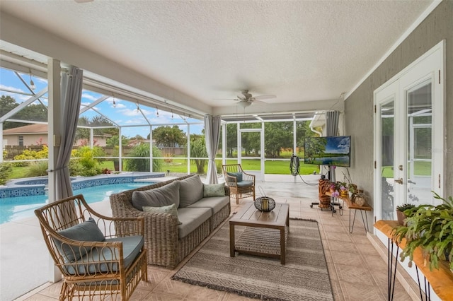 2113 Kirkland Lake Dr, Auburndale, FL 33823 - sunroom with ceiling fan, outdoor lounge area, french doors, and a swimming pool