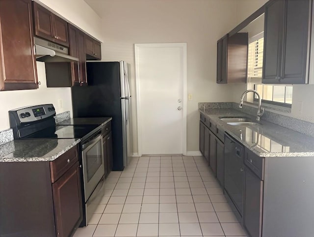 1606 Red Clover Ct, Orlando, FL 32825 - kitchen featuring stainless steel electric range, under cabinet range hood, dishwasher, light tile patterned flooring, and stone counters