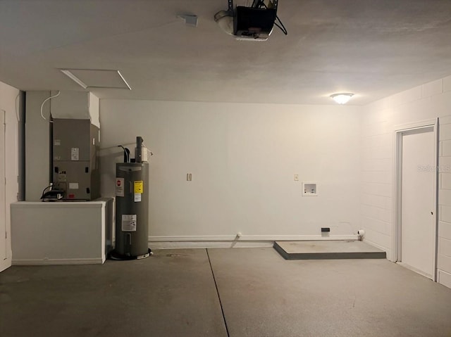 1606 Red Clover Ct, Orlando, FL 32825 - garage featuring water heater, a garage door opener, heating unit, and concrete block wall