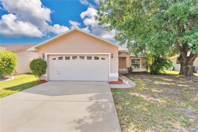 1614 Christa Ct, Saint Cloud, FL 34772 - ranch-style house featuring stucco siding, an attached garage, driveway, and a front lawn
