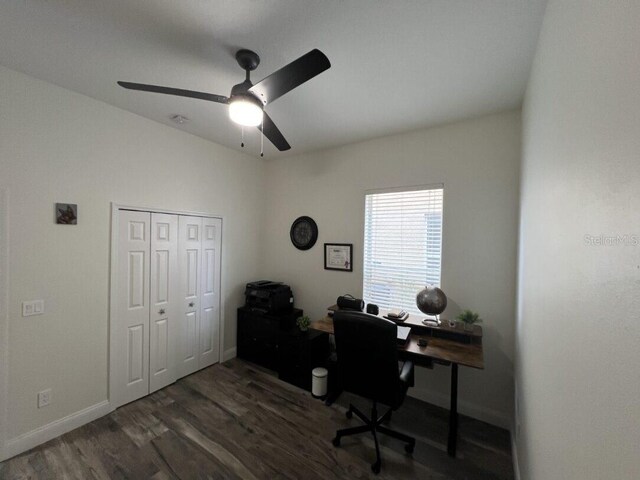14936 Masthead Landing Cir, Winter Garden, FL 34787 - office featuring dark wood-style flooring, ceiling fan, and baseboards